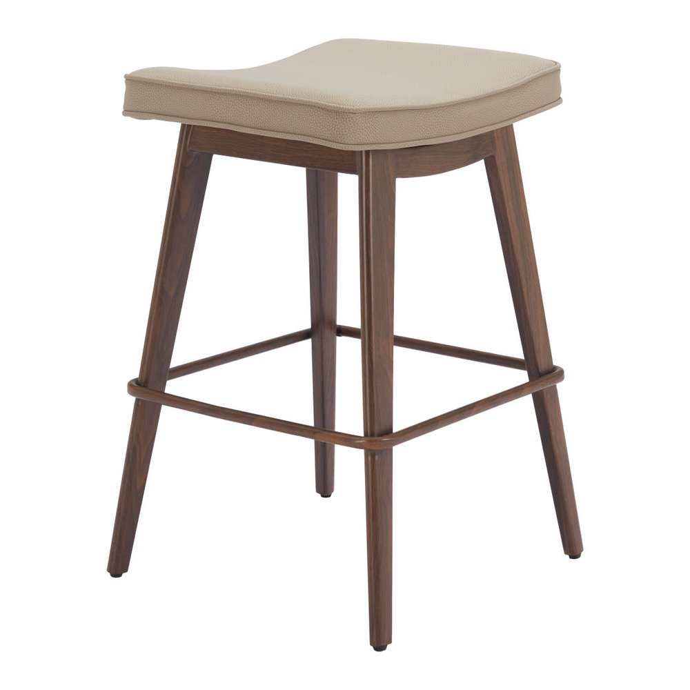 Set of Two 27" Beige And Walnut Faux Leather And Steel Backless Counter Height Bar Chairs