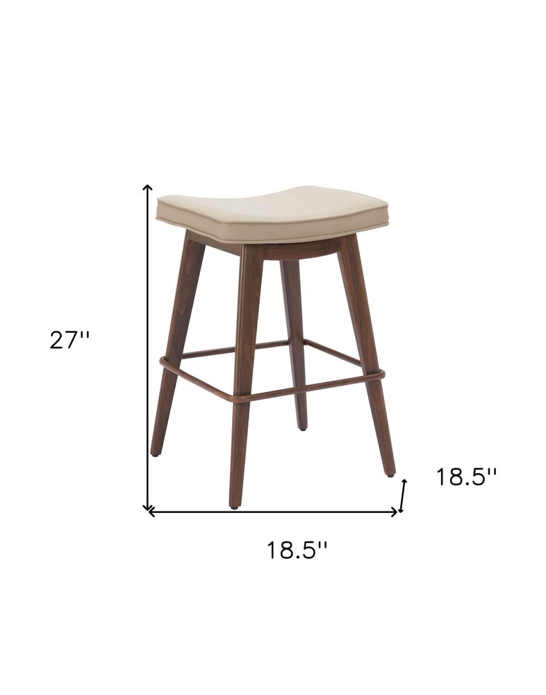 Set of Two 27" Beige And Walnut Faux Leather And Steel Backless Counter Height Bar Chairs