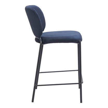 Set of Two 25" Blue And Black Velvet And Steel Counter Height Bar Chairs