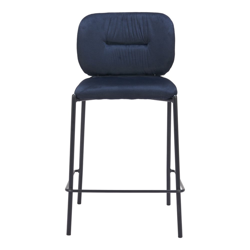 Set of Two 25" Blue And Black Velvet And Steel Counter Height Bar Chairs