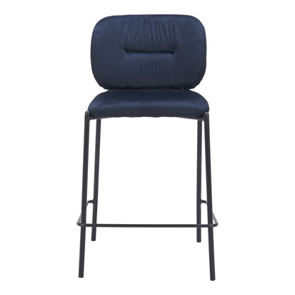 Set of Two 25" Blue And Black Velvet And Steel Counter Height Bar Chairs