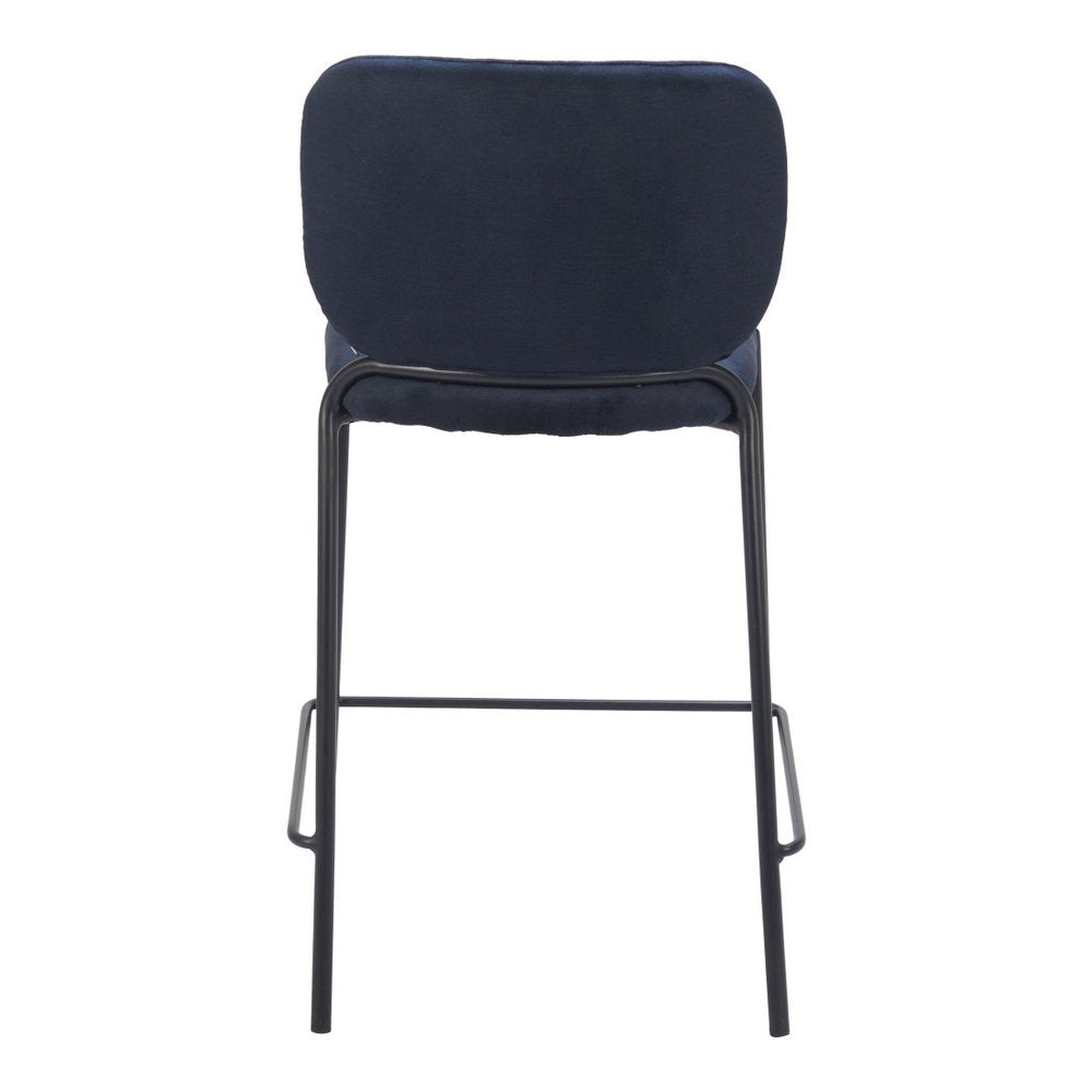 Set of Two 25" Blue And Black Velvet And Steel Counter Height Bar Chairs