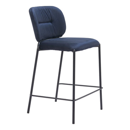 Set of Two 25" Blue And Black Velvet And Steel Counter Height Bar Chairs