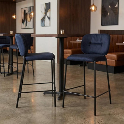 Set of Two 25" Blue And Black Velvet And Steel Counter Height Bar Chairs