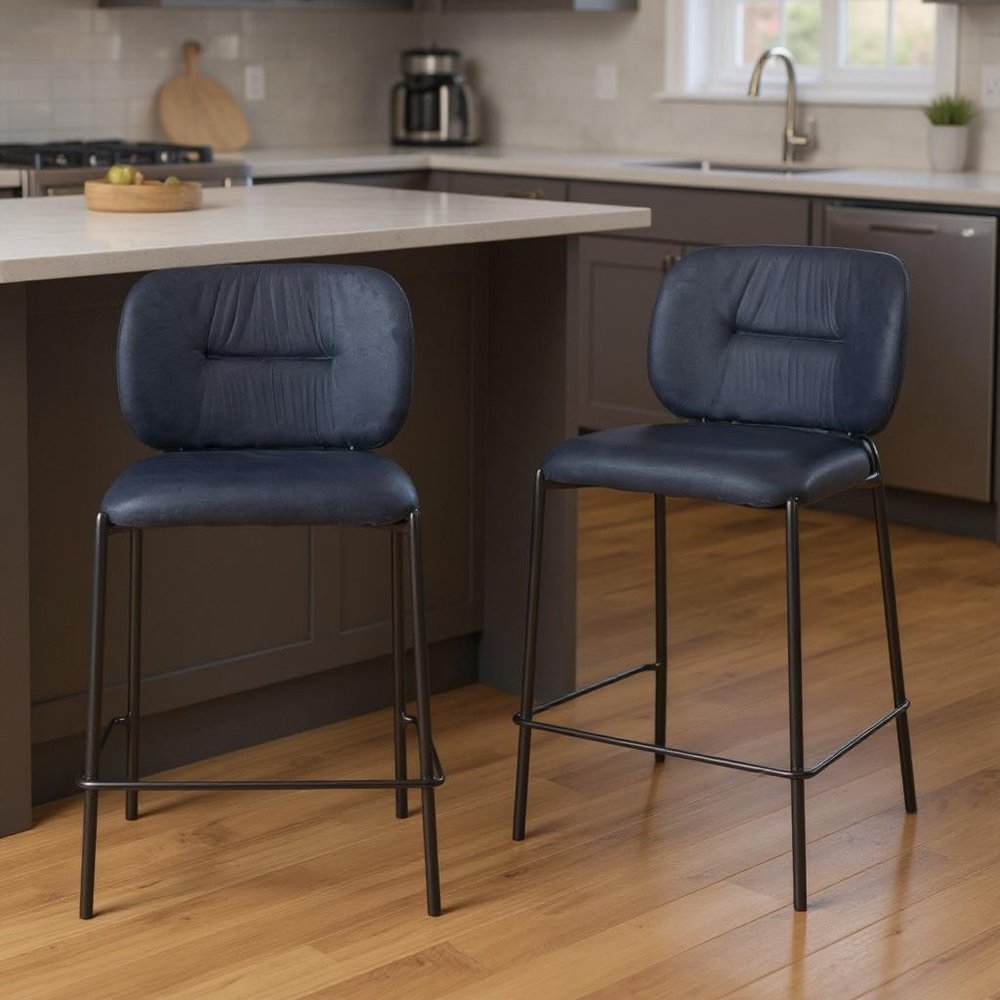 Set of Two 25" Blue And Black Velvet And Steel Counter Height Bar Chairs