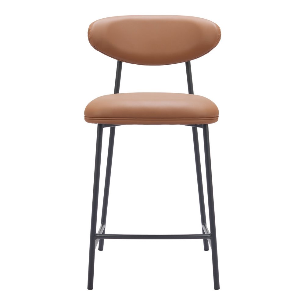 Set of Two 25" Brown And Black Faux Leather And Steel Low Back Counter Height Bar Chairs