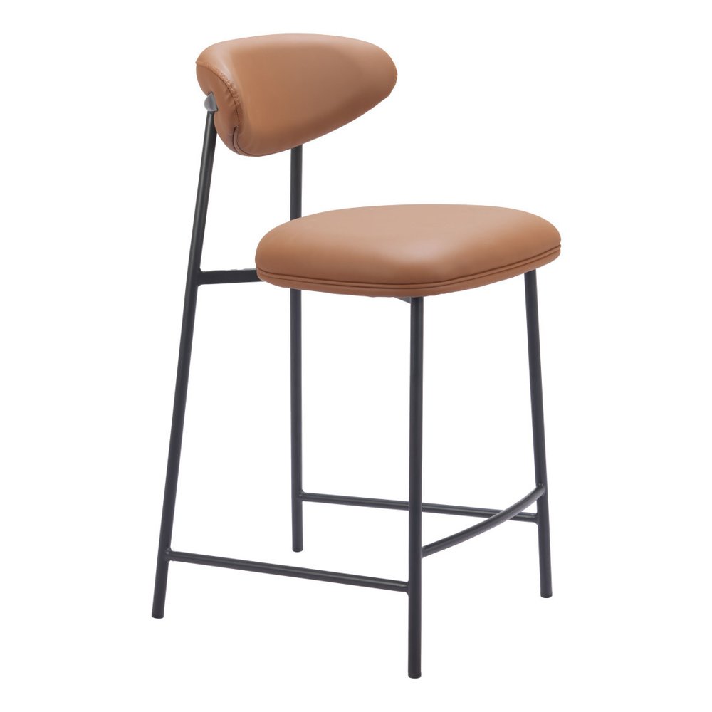 Set of Two 25" Brown And Black Faux Leather And Steel Low Back Counter Height Bar Chairs