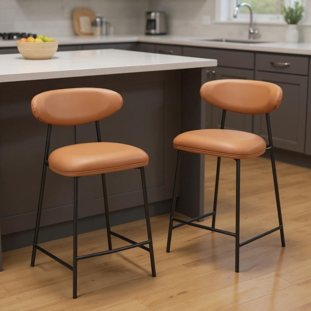 Set of Two 25" Brown And Black Faux Leather And Steel Low Back Counter Height Bar Chairs