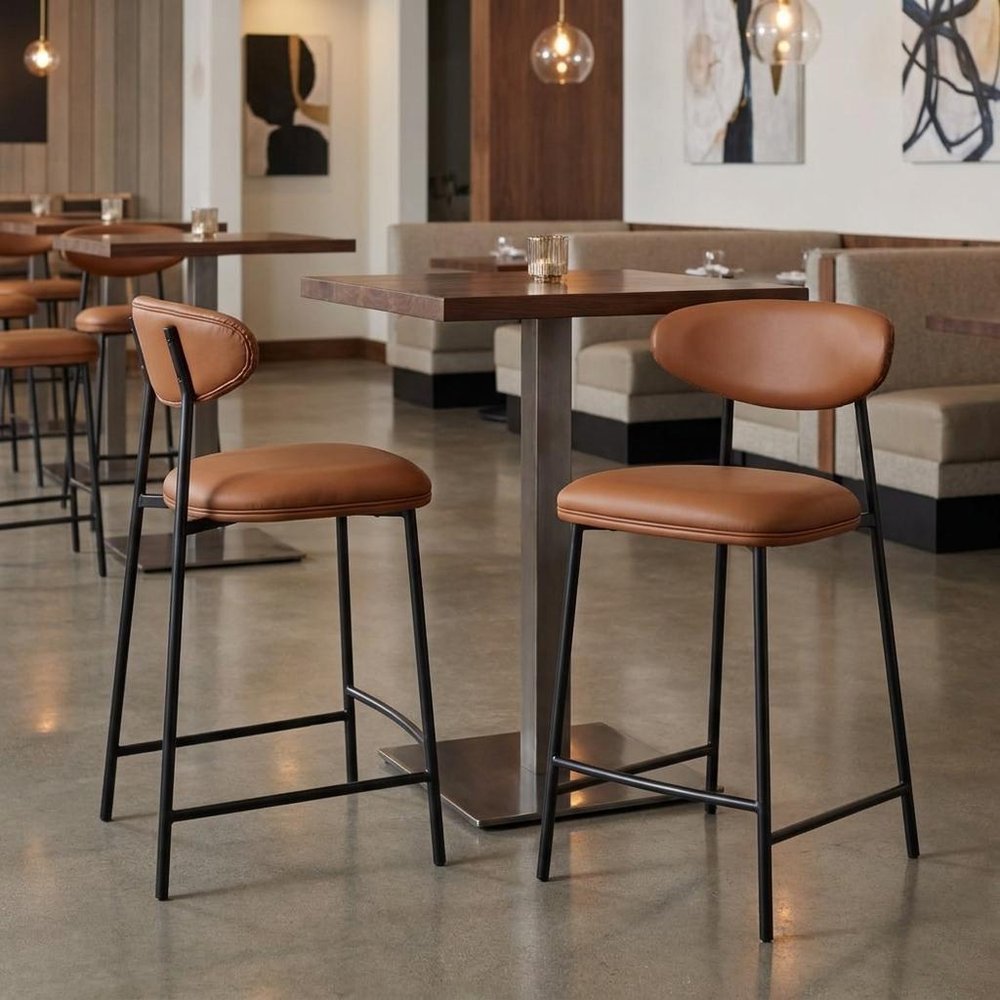 Set of Two 25" Brown And Black Faux Leather And Steel Low Back Counter Height Bar Chairs