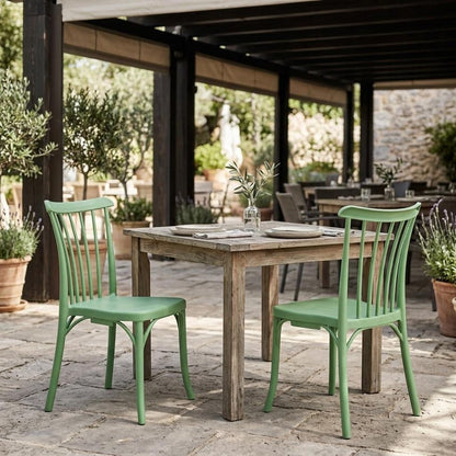 Set of Two Green Heavy Duty Plastic Outdoor Stacking Dining Chairs