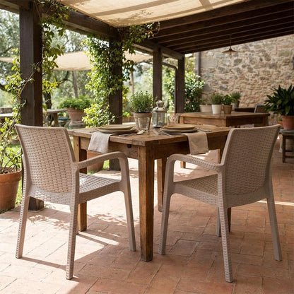Set of Two Taupe Faux Rattan Heavy Duty Plastic Outdoor Stacking Arm Chairs