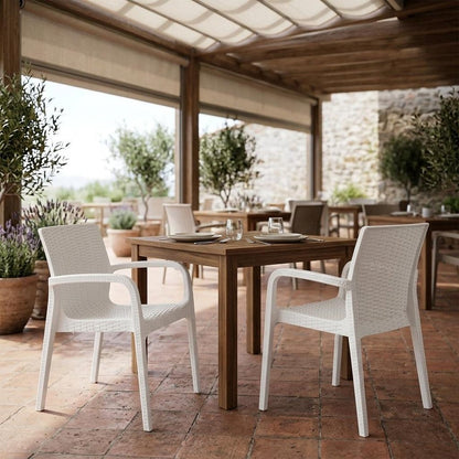 Set of Two White Faux Rattan Heavy Duty Plastic Outdoor Stacking Arm Chairs