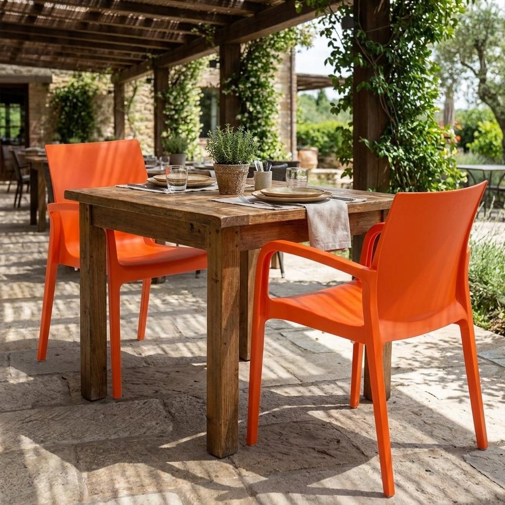 Set of Two Orange Heavy Duty Plastic Outdoor Stacking Dining Chairs