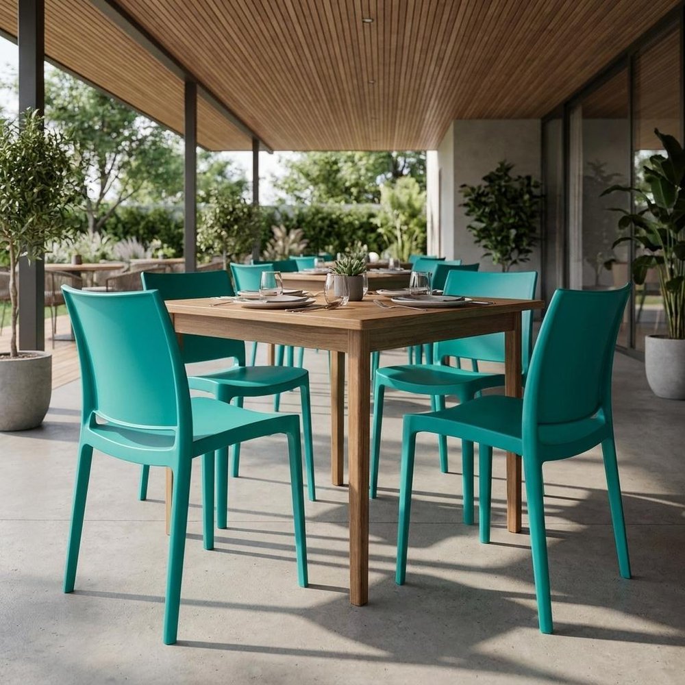 Set of Four Turquoise Heavy Duty Plastic Outdoor Stacking Dining Chairs