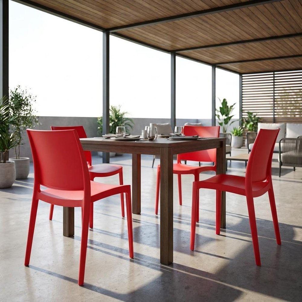 Set of Four Red Heavy Duty Plastic Outdoor Stacking Dining Chairs