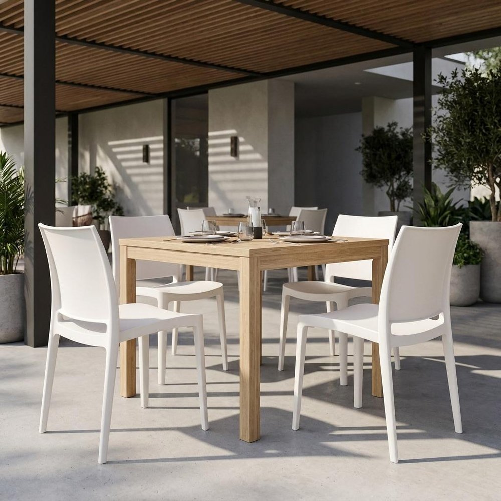 Set of Four White Heavy Duty Plastic Outdoor Stacking Dining Chairs