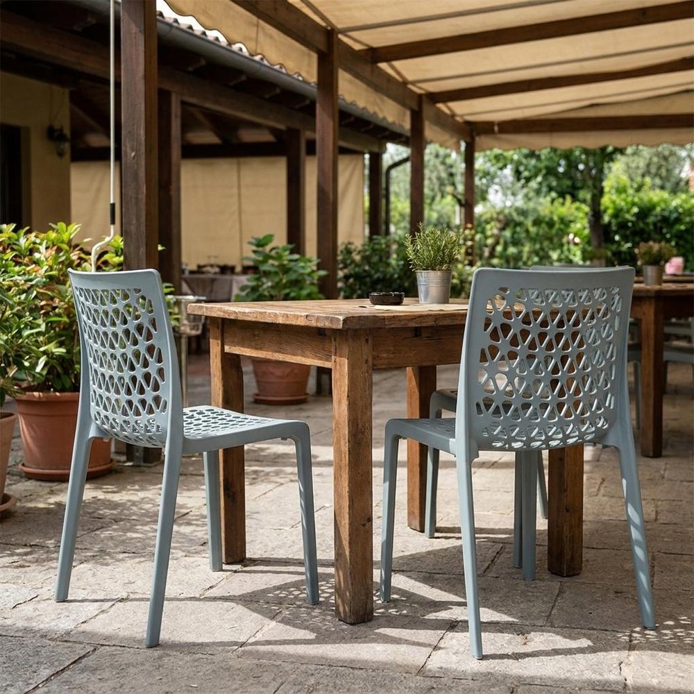 Set of Two Baby Blue Heavy Duty Plastic Outdoor Stacking Dining Chairs
