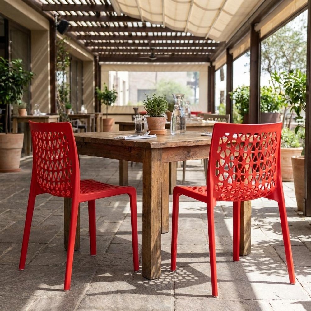 Set of Two Red Heavy Duty Plastic Outdoor Stacking Dining Chairs