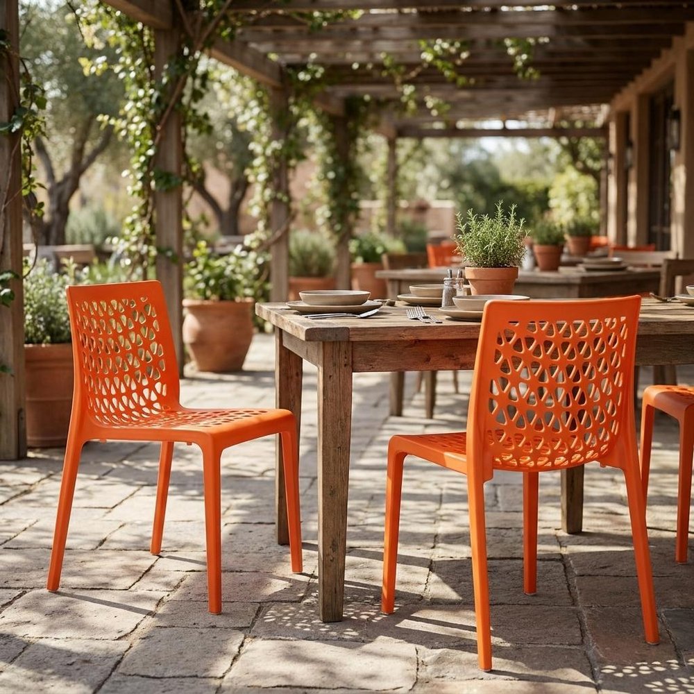 Set of Two Orange Heavy Duty Plastic Outdoor Stacking Dining Chairs
