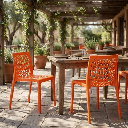 Set of Two Orange Heavy Duty Plastic Outdoor Stacking Dining Chairs