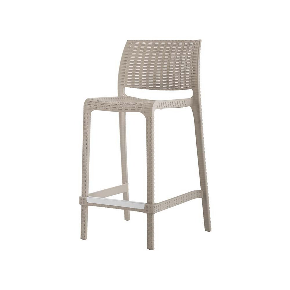 Set of Two 26" Taupe Faux Rattan Low Back Outdoor Counter Height Bar Chairs