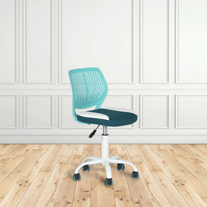 Aqua Teal Blue and White Adjustable Height Swivel Rolling Office Chair
