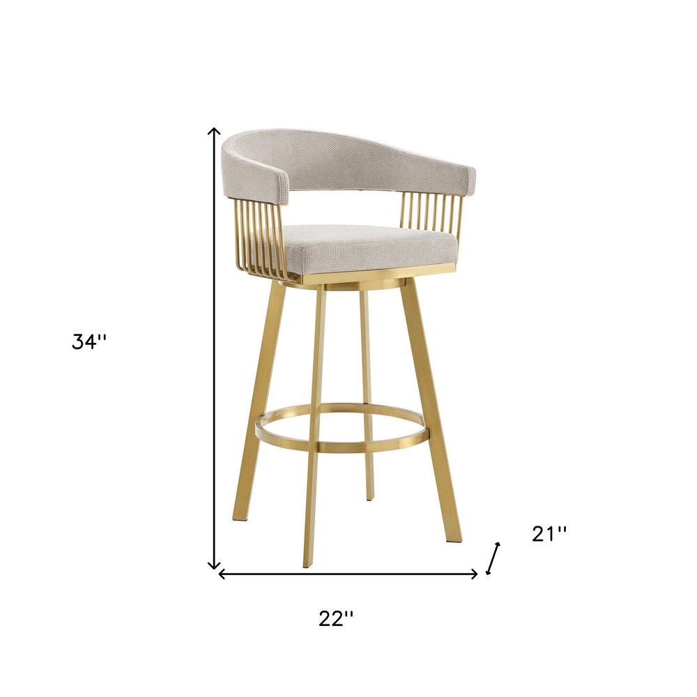 26" Taupe And Gold Fabric And Steel Low Back Counter Height Swivel Bar Chair