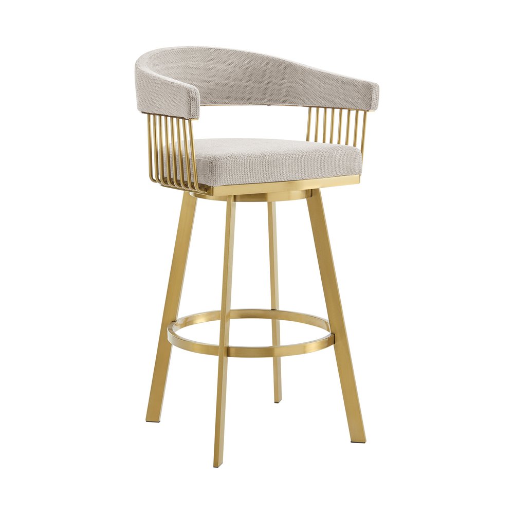 26" Taupe And Gold Fabric And Steel Low Back Counter Height Swivel Bar Chair