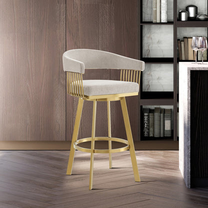 26" Taupe And Gold Fabric And Steel Low Back Counter Height Swivel Bar Chair