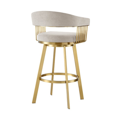 26" Taupe And Gold Fabric And Steel Low Back Counter Height Swivel Bar Chair
