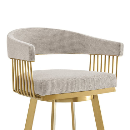 26" Taupe And Gold Fabric And Steel Low Back Counter Height Swivel Bar Chair