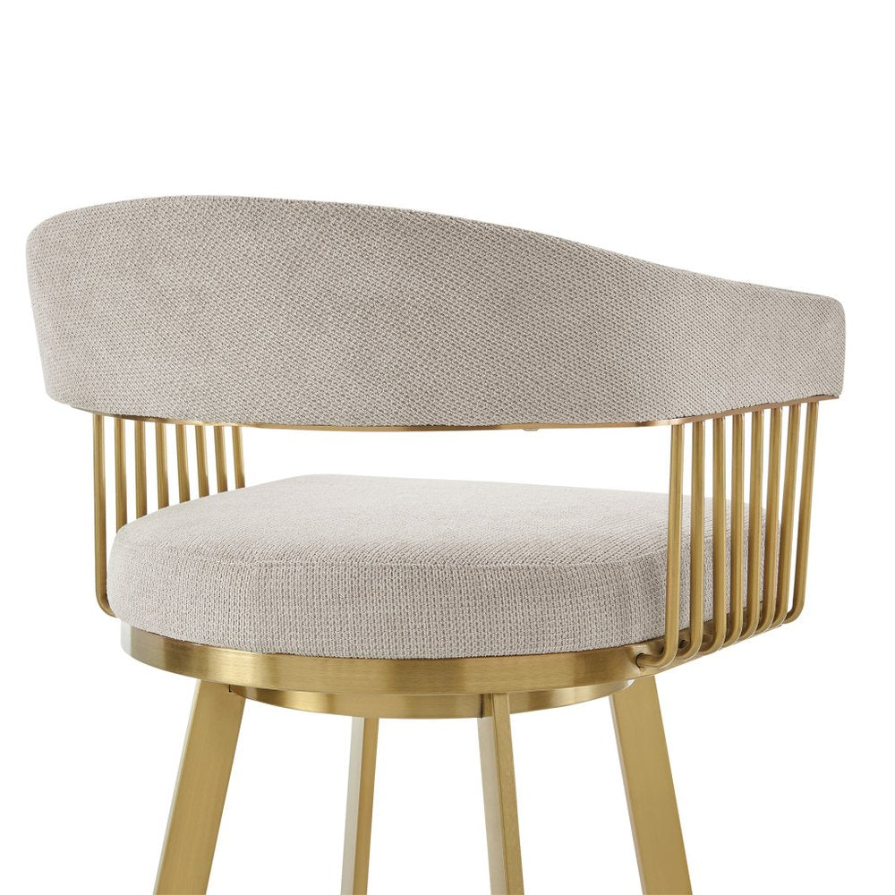26" Taupe And Gold Fabric And Steel Low Back Counter Height Swivel Bar Chair