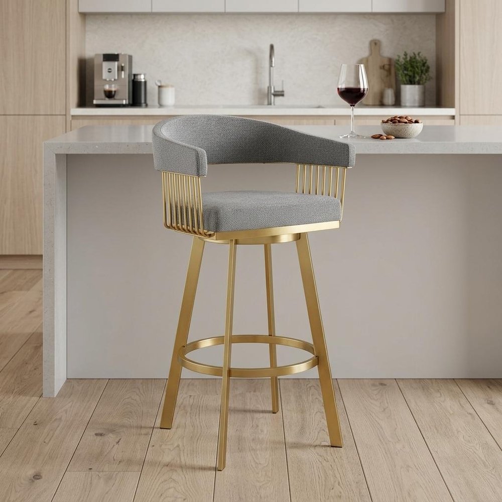 26" Gray And Gold Fabric And Steel Low Back Counter Height Swivel Bar Chair