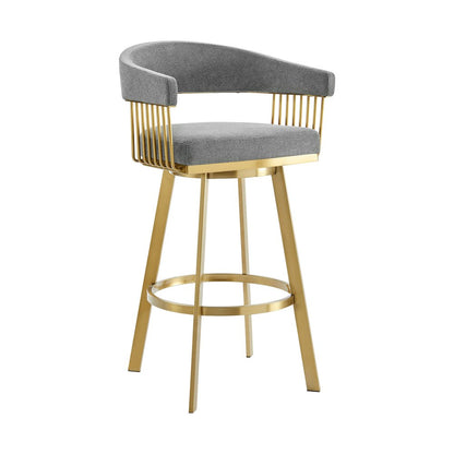 26" Gray And Gold Fabric And Steel Low Back Counter Height Swivel Bar Chair