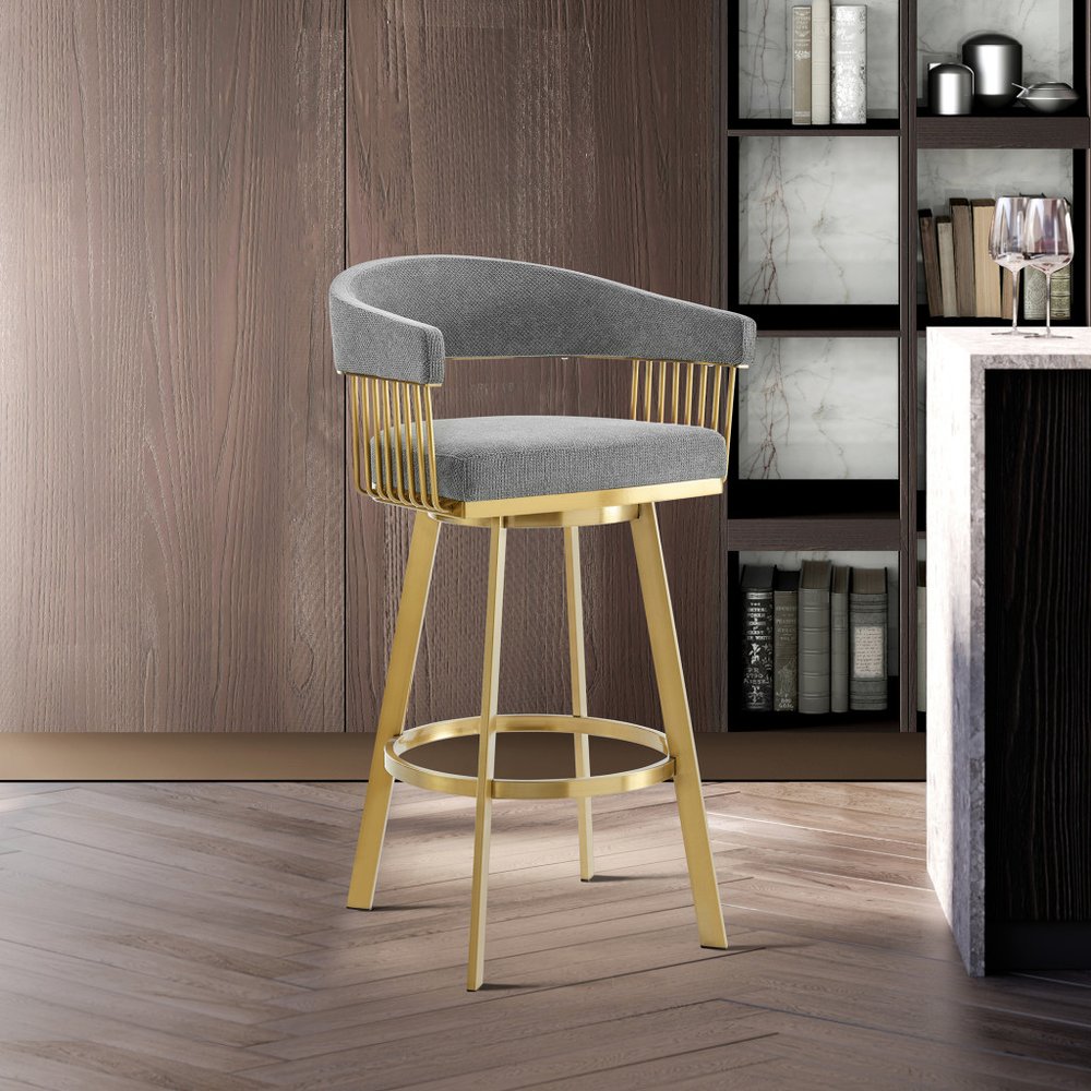 26" Gray And Gold Fabric And Steel Low Back Counter Height Swivel Bar Chair