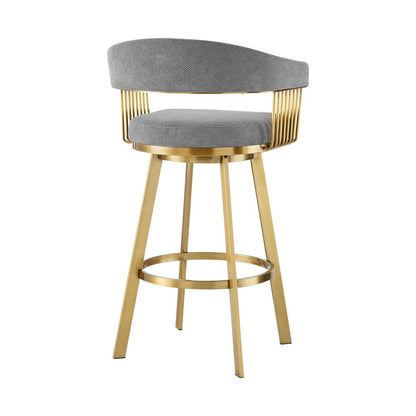 26" Gray And Gold Fabric And Steel Low Back Counter Height Swivel Bar Chair