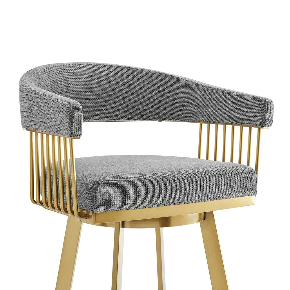 26" Gray And Gold Fabric And Steel Low Back Counter Height Swivel Bar Chair
