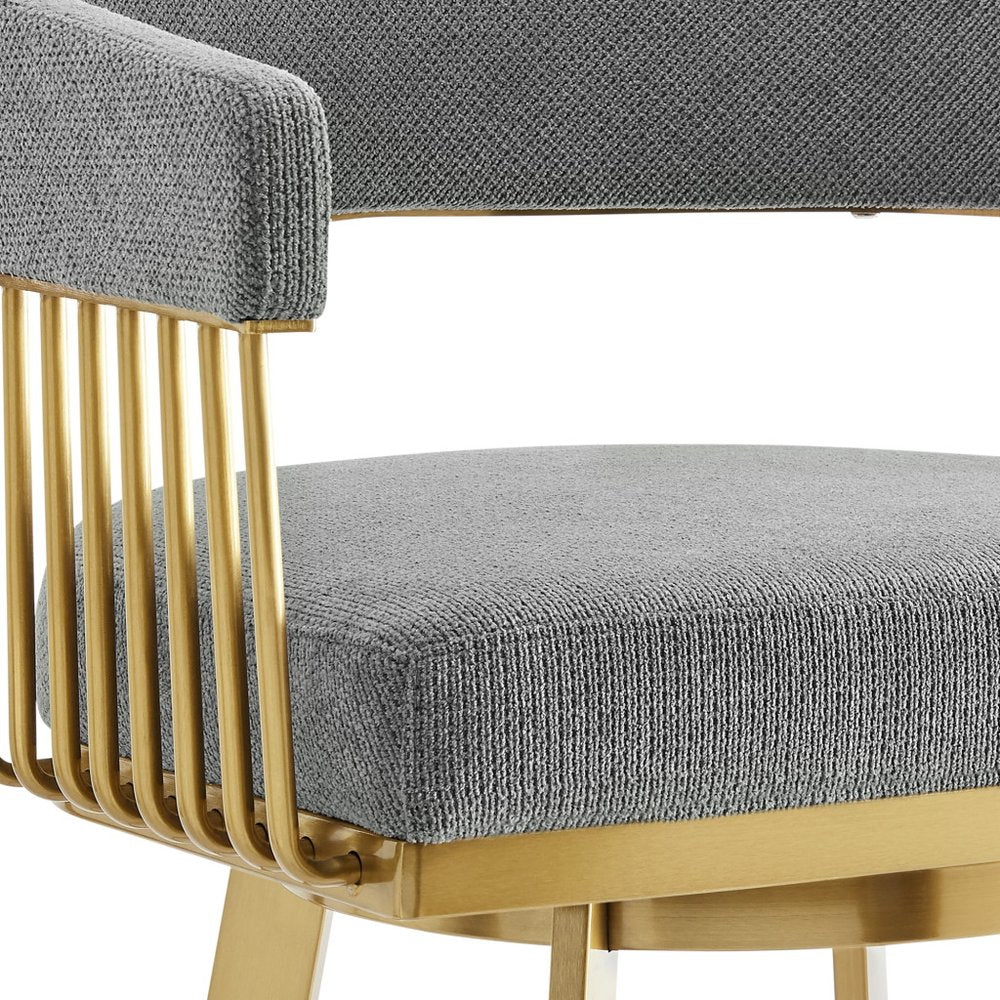 26" Gray And Gold Fabric And Steel Low Back Counter Height Swivel Bar Chair