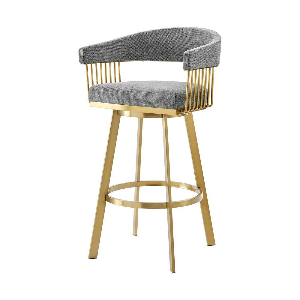 30" Gray And Gold Fabric And Steel Low Back Bar Height Swivel Bar Chair