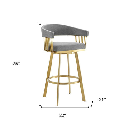 30" Gray And Gold Fabric And Steel Low Back Bar Height Swivel Bar Chair