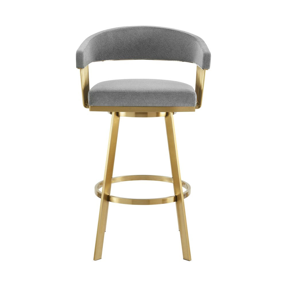 30" Gray And Gold Fabric And Steel Low Back Bar Height Swivel Bar Chair
