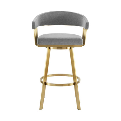 30" Gray And Gold Fabric And Steel Low Back Bar Height Swivel Bar Chair