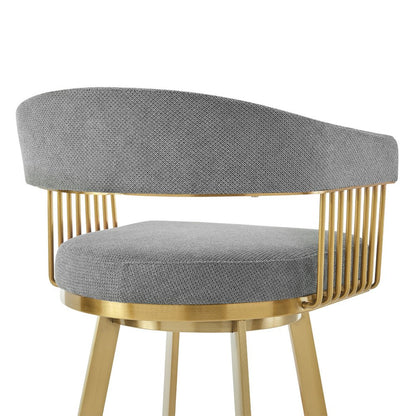 30" Gray And Gold Fabric And Steel Low Back Bar Height Swivel Bar Chair