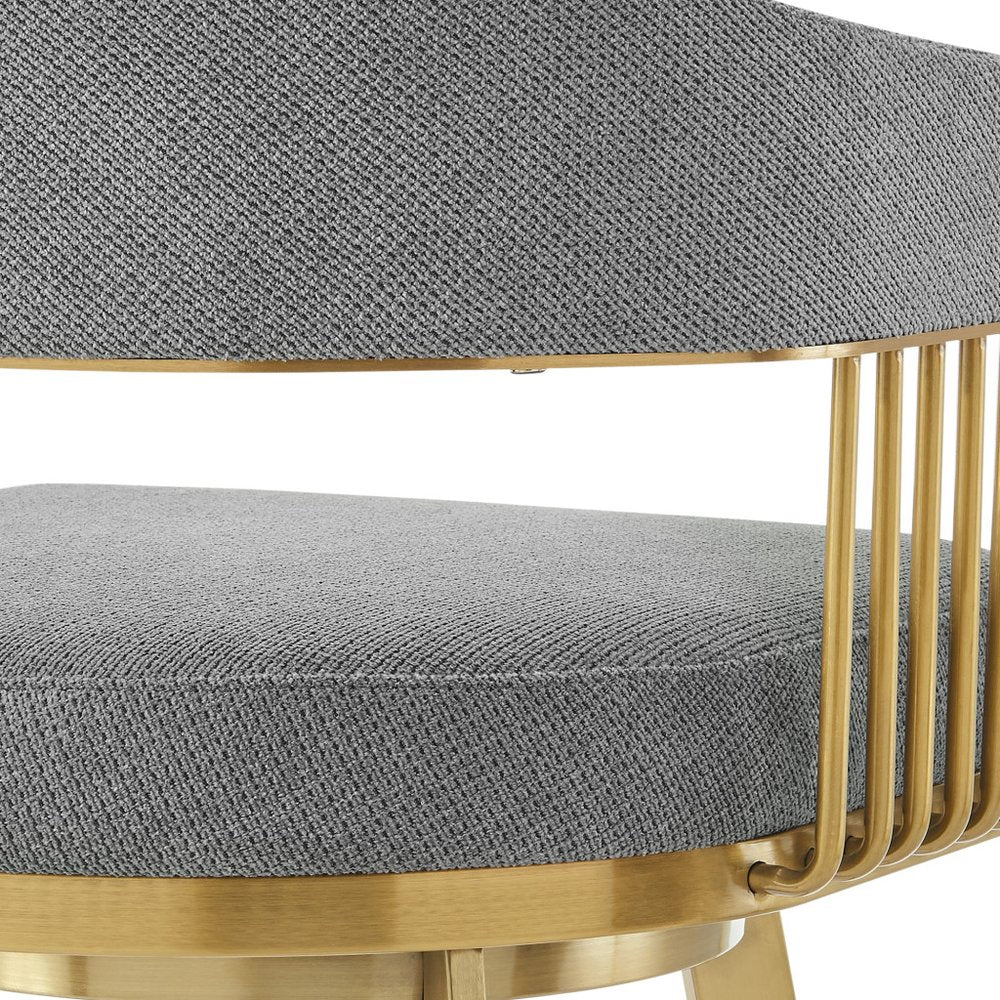 30" Gray And Gold Fabric And Steel Low Back Bar Height Swivel Bar Chair