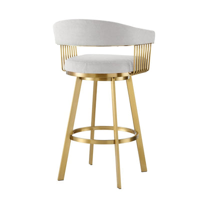 30" Silver And Gold Fabric And Steel Low Back Bar Height Swivel Bar Chair