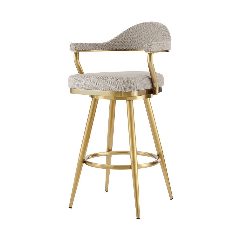 26" Taupe And Gold Fabric And Steel Low Back Counter Height Swivel Bar Chair