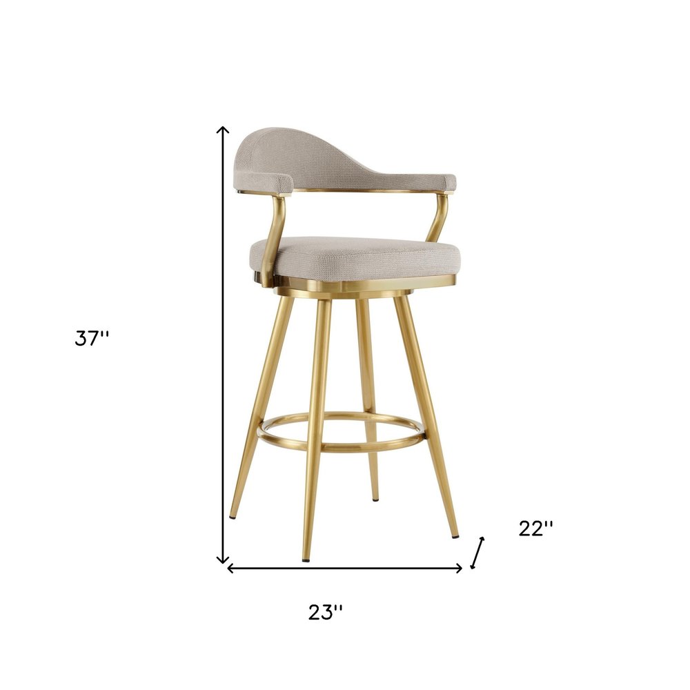 26" Taupe And Gold Fabric And Steel Low Back Counter Height Swivel Bar Chair