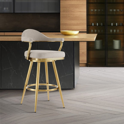 26" Taupe And Gold Fabric And Steel Low Back Counter Height Swivel Bar Chair