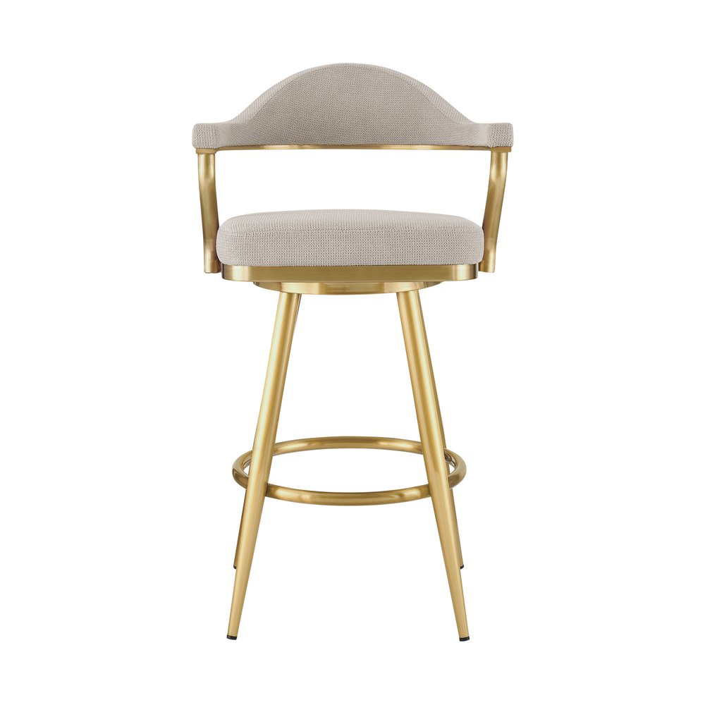 26" Taupe And Gold Fabric And Steel Low Back Counter Height Swivel Bar Chair