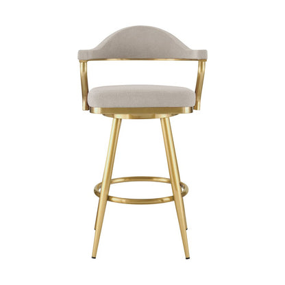 26" Taupe And Gold Fabric And Steel Low Back Counter Height Swivel Bar Chair